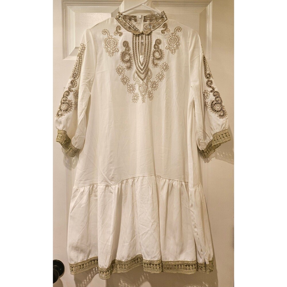 Extra Large Vintage Princess Fairy Ruffled Embroidered Dress White Gold NWT